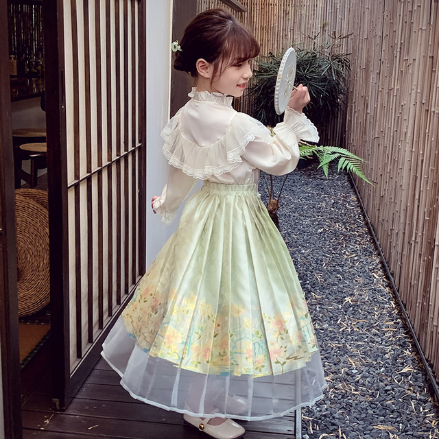 Girls Horse Face Skirt Suit Spring Clothing 2024 ແບບໃຫມ່ຂອງຊຸດເດັກນ້ອຍ Skirt ເດັກຍິງແບບຈີນໃຫມ່ Ming System Hanfu Skirt