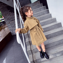Girls windbreaker Autumn little girl medium-long coat Solid color spring and autumn Korean version of the top in the big childrens coat