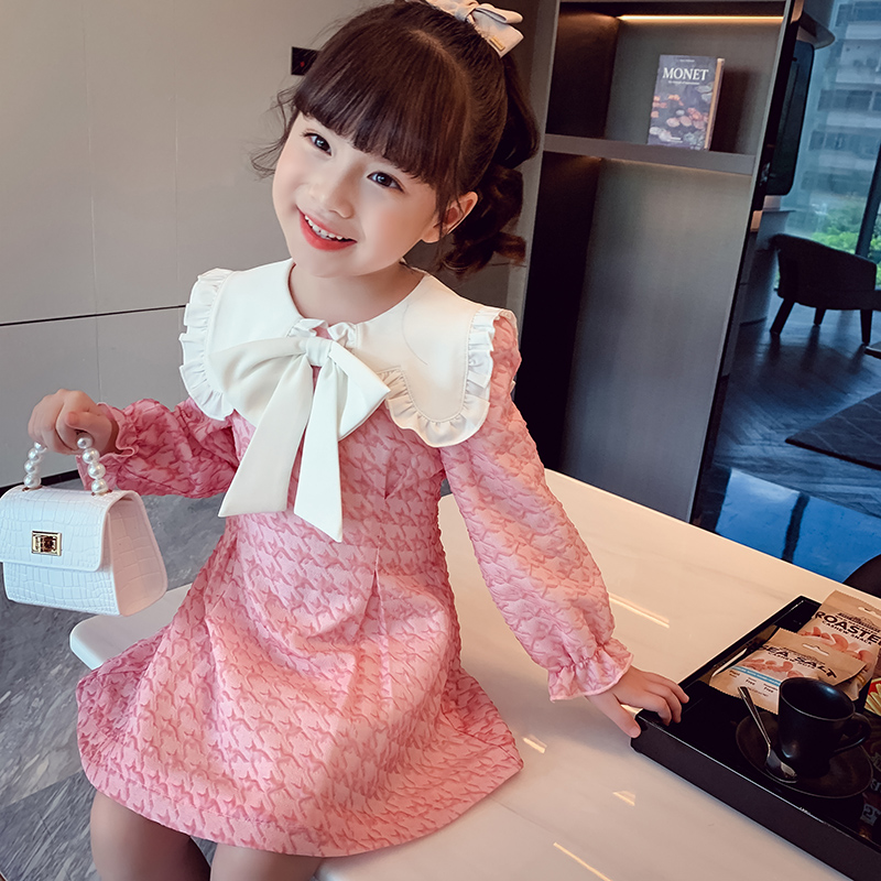 Girls dress autumn children's skirt new long sleeves little girl French sweet bow baby girl princess dress