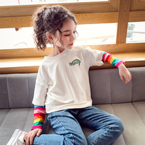 Girls long-sleeved T-shirt Childrens autumn new foreign style base shirt fake two spring and autumn girls striped printed top