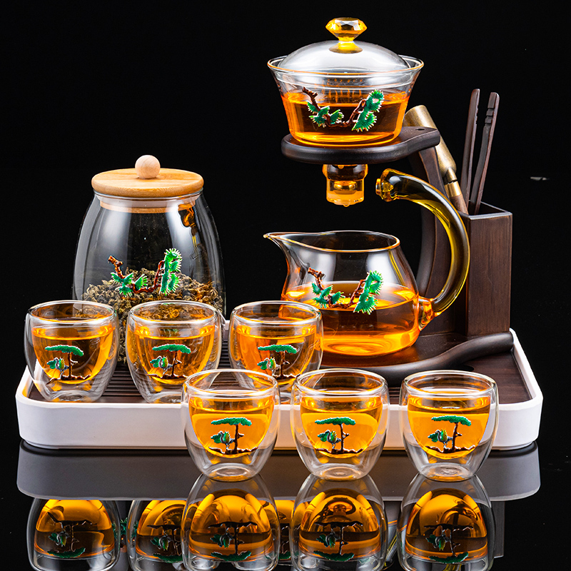 Glass semi-automatic magnetic tea set set Household living room Kung Fu Tea cup Teapot Lazy tea artifact small set