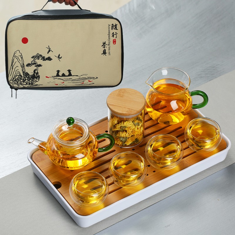 Outdoor travel portable bag Kung Fu tea set glass tea cup Japanese teapot set one pot four cups tea tray customization