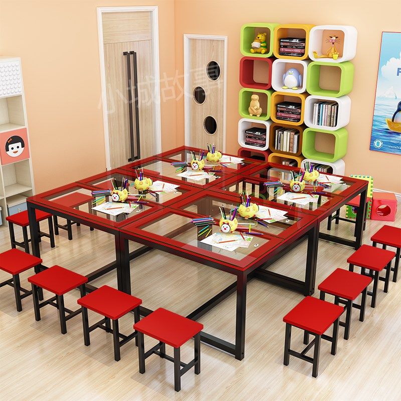Primary school kindergarten desks and chairs student training table hand-painted art tempered glass desktop calligraphy painting table