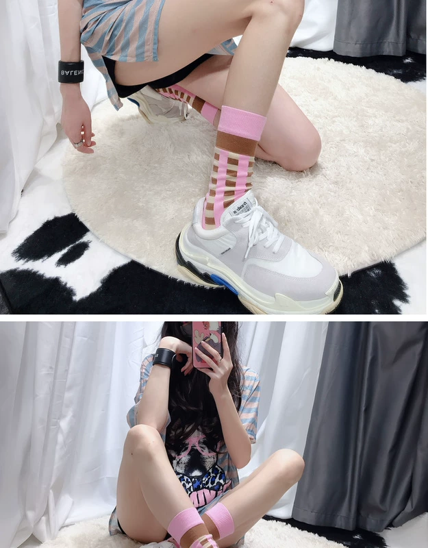 Giày và vớ nhỏ màu trắng có nữ mùa xuân và mùa hè lưới màu đỏ hồng vuông trong ống dài vớ gió đại học Nhật Bản - Vớ hàng tuần bít tất