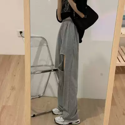 Fat sister mm large size women's 2021 new summer clothes loose hip big legs thick women's pants broken hole wide leg pants thin