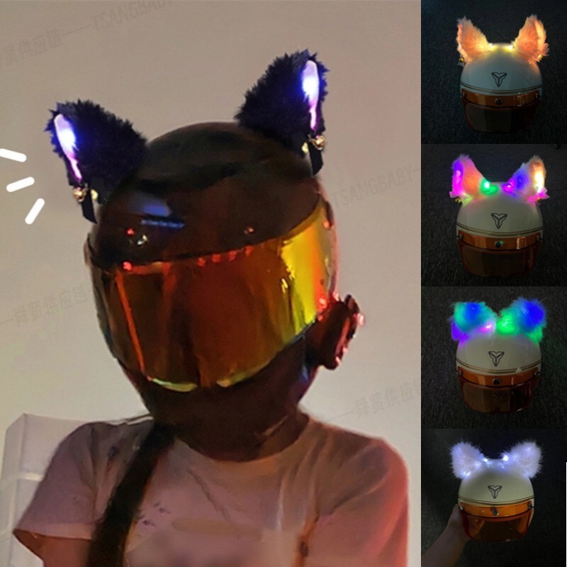 Luminous Helmet Decoration with Fox Fur Ears, Cute and Trendy, Same Style as on Xiaohongshu, Ski-Style Motorcycle Helmet Decoration