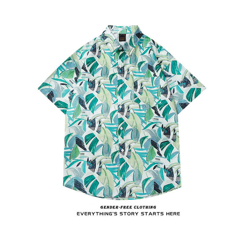 ZOROHOM Summer graffiti foliage printed short sleeve shirt male and female loose fashion half sleeve shirt beach shirt