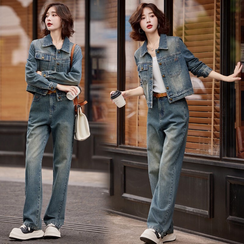 Vasg Genuine Retro Denim Suit for Women, Casual and Fashionable, Age-Reducing Short Jacket and Wide-Leg Pants Two-Piece Set