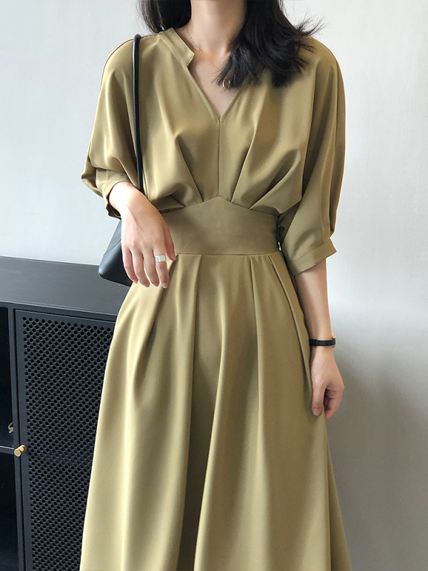 French V-Neck Dress for Women 2026 New Summer Style, Elegant Waist-Cinching, Tummy-Concealing, Slimming Long Dress, Mid-Length Dress