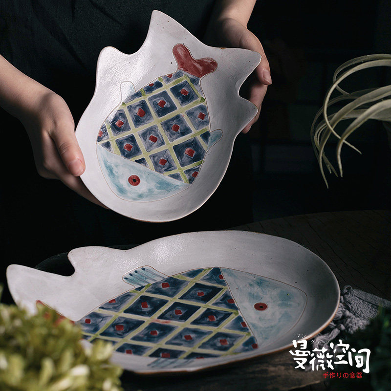 Cute animal bowl and plate set painted ceramic plate creative dinner plate tableware hand-painted fish-shaped fruit snack plate