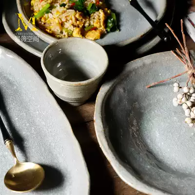 Rough pottery cyan salad plate handmade ceramic retro Chinese and style Chinese Korean Japanese tableware flat soup plate light luxury