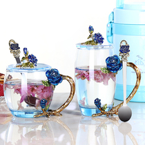 Household enamel cup glass cup with lid spoon set floral tea cup female Crystal coffee cup tea set with handlebars