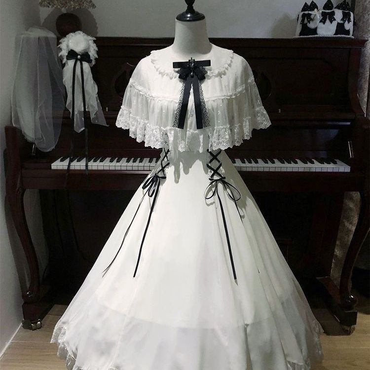 Japanese-Style Clear and Clean Style Snow White Lolita Waist-Cinching Long Dress Lolita Princess Dress Japanese-Style Clear and Clean Style Snow White Lolita Waist-Cinching Long Dress Lolita Princess Dress
