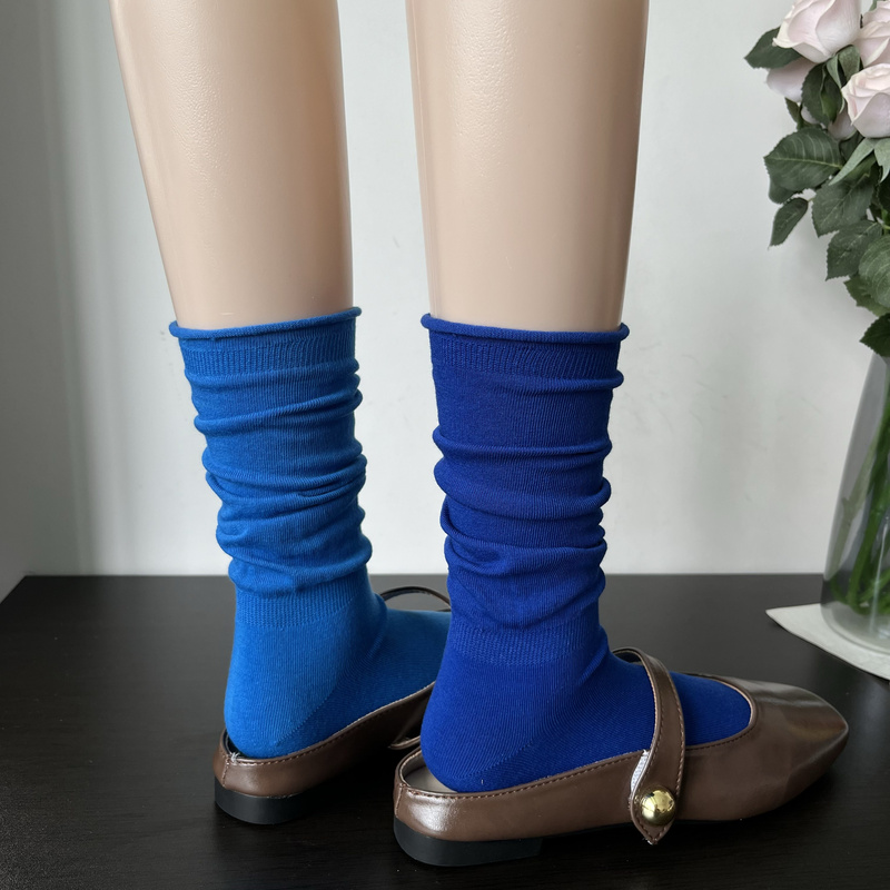 Trendy Dark Blue Cuffed Socks for Women, Mid-Calf Length, ins Spring/Summer Thin Cotton Seamless Black, White, and Gray Slouch Socks