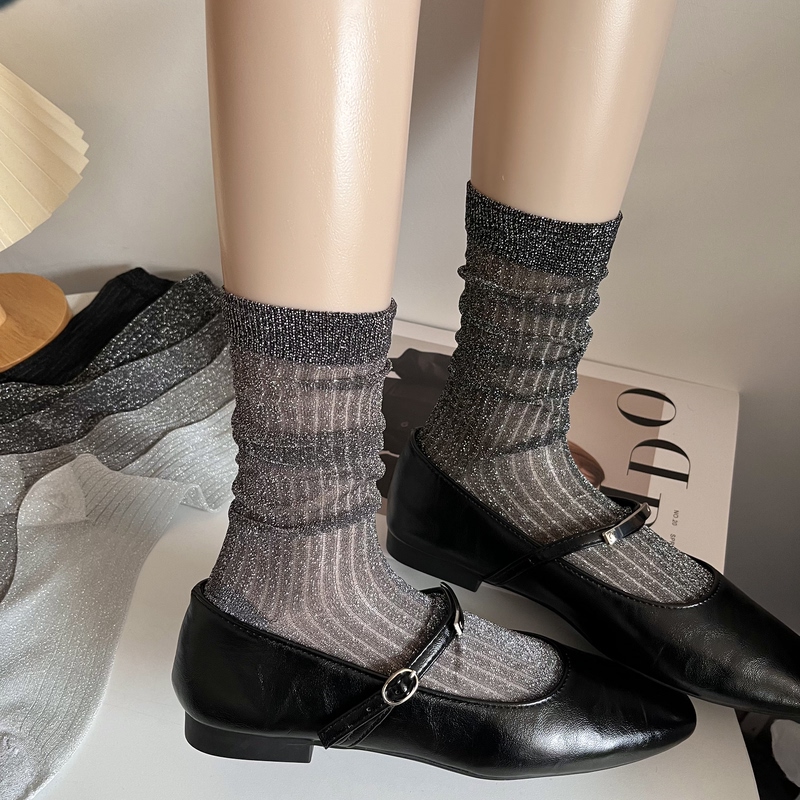 Trendy Gray Shiny Stockings for Women, Mid-Calf Socks, ins Trendy Summer Thin and Sheer Runway Style Black and Silver Vertical Striped Slouch Socks
