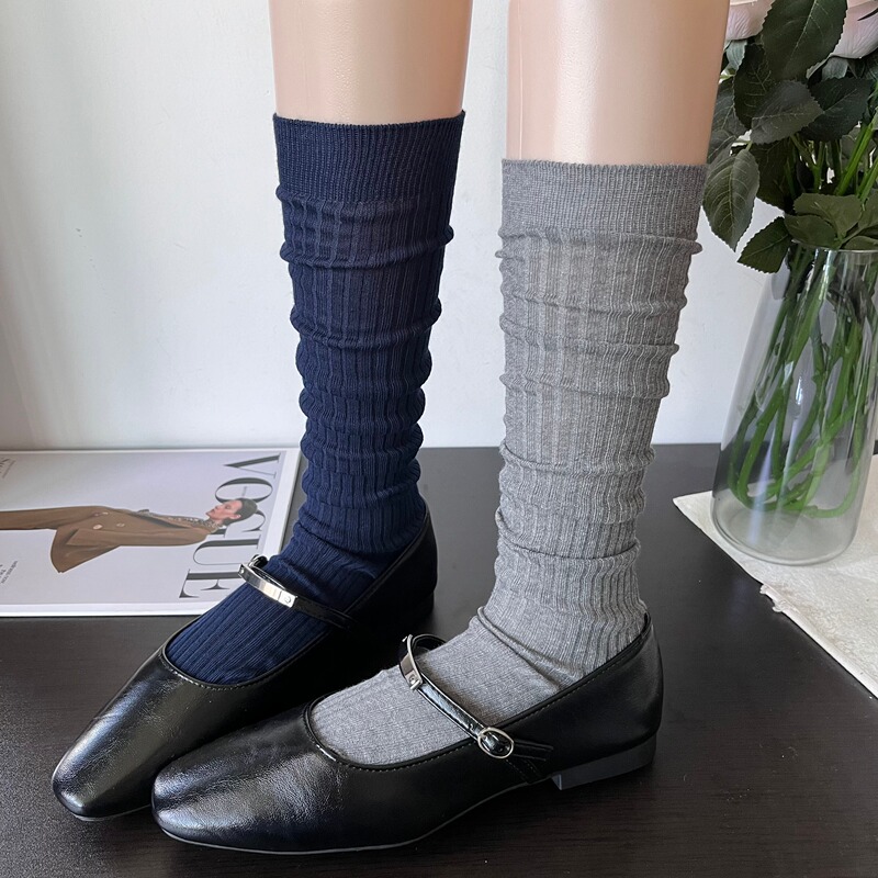 Miu Series Slightly Sheer Vertical Stripe Navy Blue Calf Socks for Women, Summer Thin Style, Lazy and Fashionable Smoky Gray Stacked Long Socks Miu Series Slightly Sheer Vertical Stripe Navy Blue Calf Socks for Women, Summer Thin Style, Lazy and Fashionable Smoky Gray Stacked Long Socks