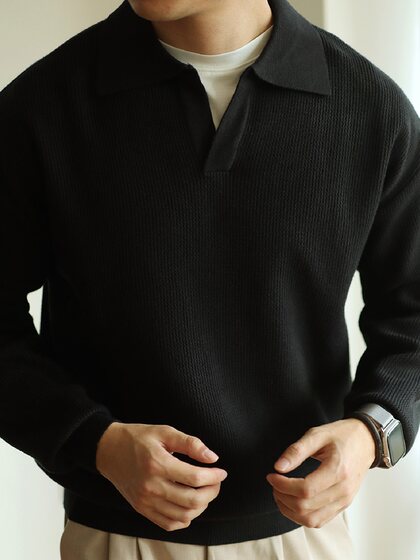 复古V领针织衫套头毛衣翻领重磅保暖男士POLO长袖外套美式秋冬季