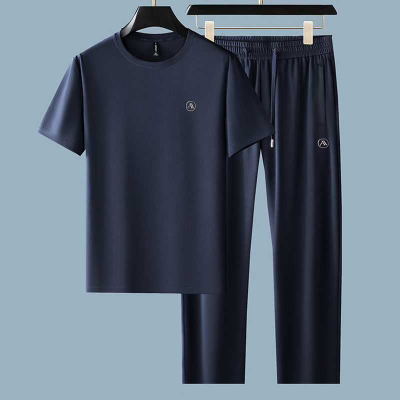 Summer Suit for Men, Loose Round Neck Short-Sleeved T-Shirt, Quick-Drying Pants, Classy Ice Silk Mulberry Silk Sportswear, Casual Wear