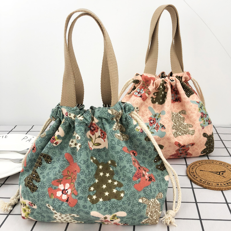 Japanese cute bento bag handbag Canvas lunch box bag Lunch belt rice bag Portable bento bag Drawstring bag