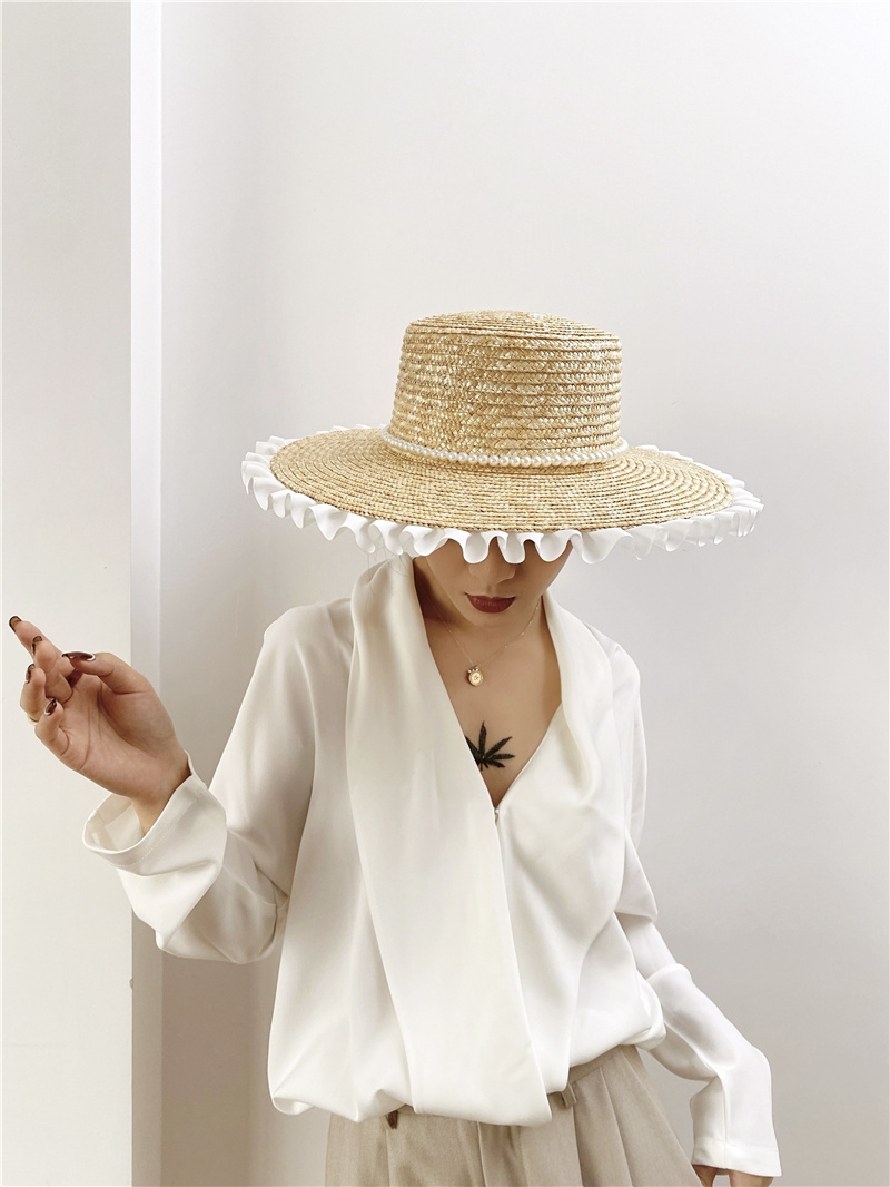 Fashion Elegant Pearl Decorated Pleated Lace Big Brim Straw Beach Hat display picture 1