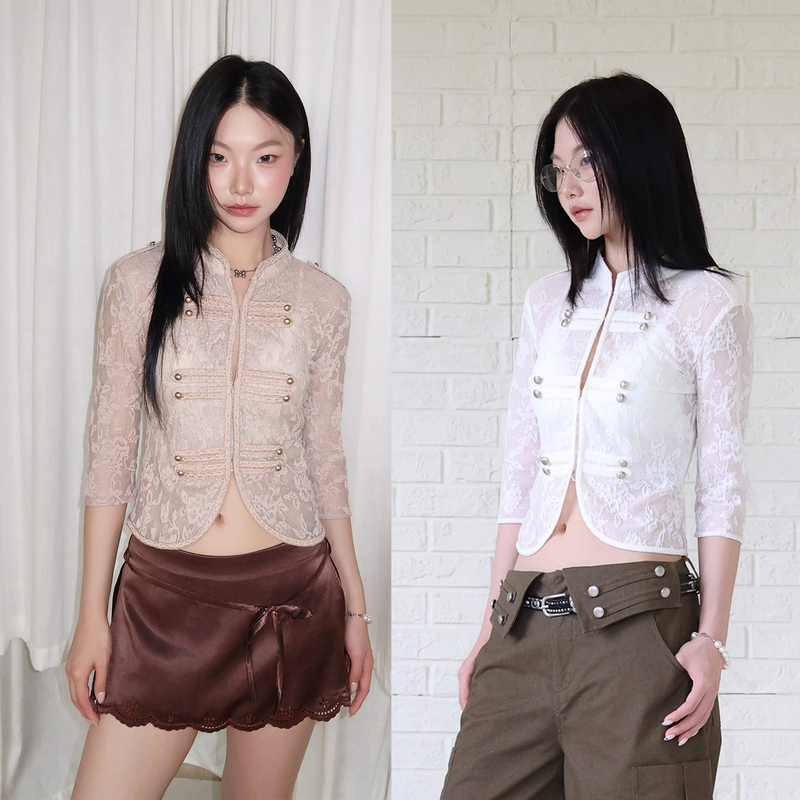Selfming Napoleon Double-Breasted Lace-Up Waist-Cinching Stand-Up Collar Stretch Lace Cardigan Top