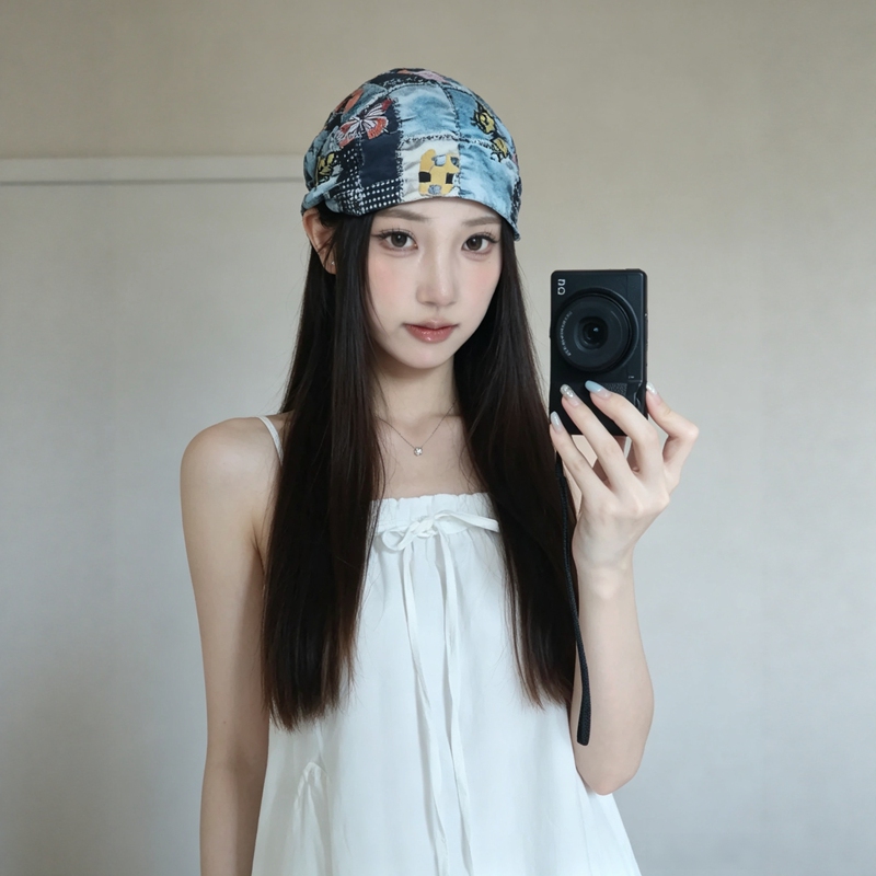 Japanese-Style Color-Blocking Design, Wasteland Style Headscarf Hat, Thin Spring/Summer Versatile Hat That Makes the Face Look Smaller, Elastic Headwrap Hat