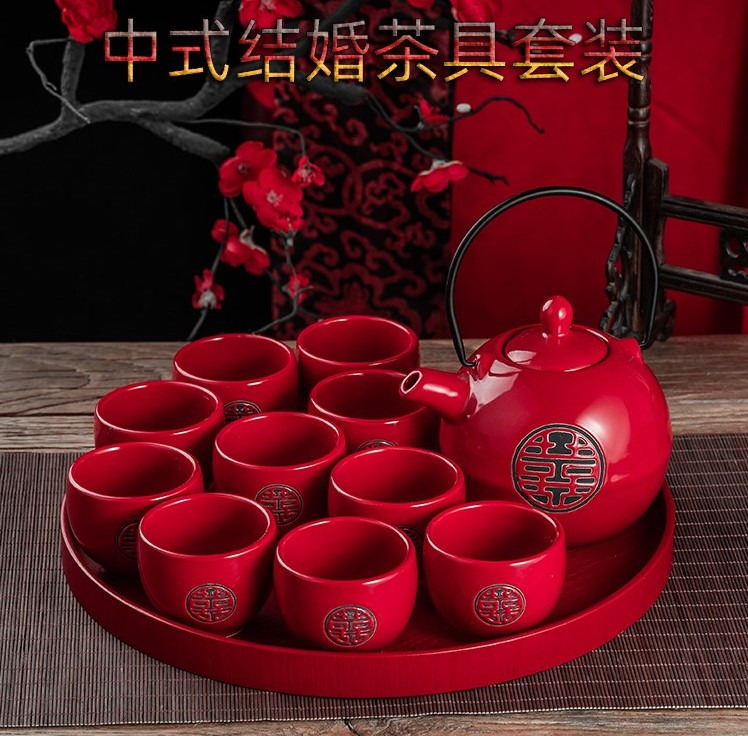Wedding Toast Teacup Tea Set Group Change of mouth Double Heineal Cup jug Wedding Qing Supplies Big Full Red Tea Tray Set of New Wedding Back