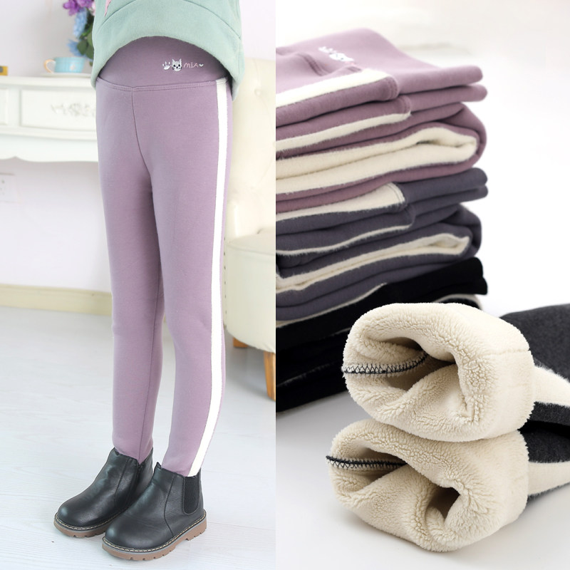 Girls' fleece inner pants 2021 winter children's one-piece thickened warm pants high waist outer wear medium and large children's cotton pants