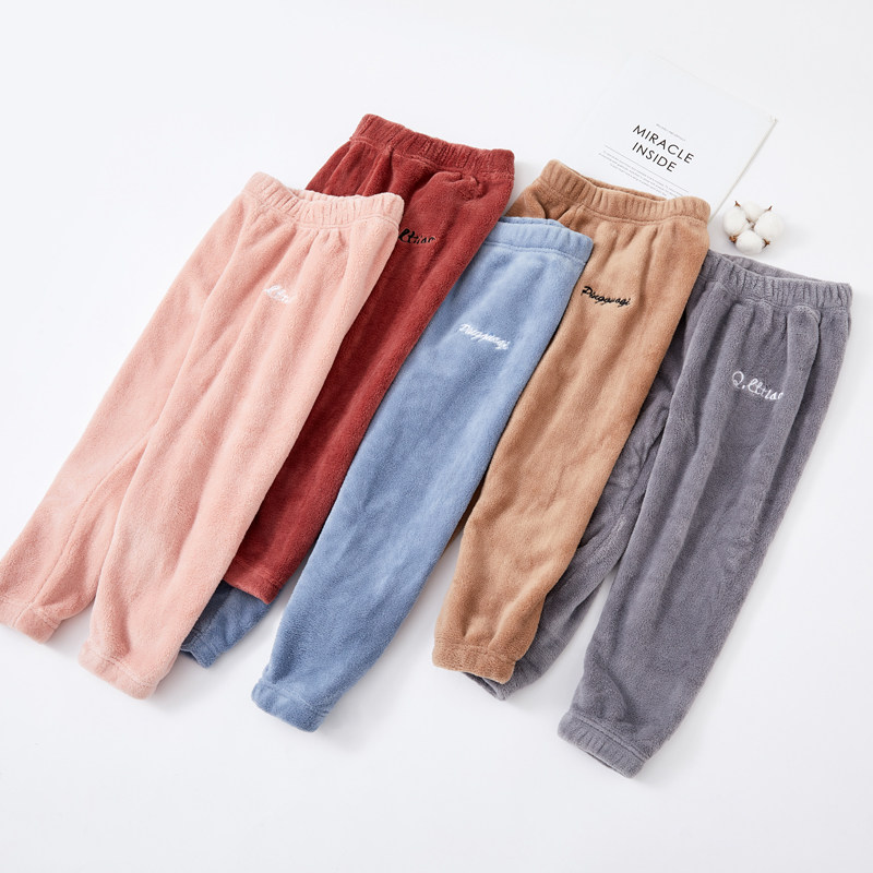 Boys and girls warm pants winter plus velvet thick inner pants children's home pajamas baby coral fleece lazy pants