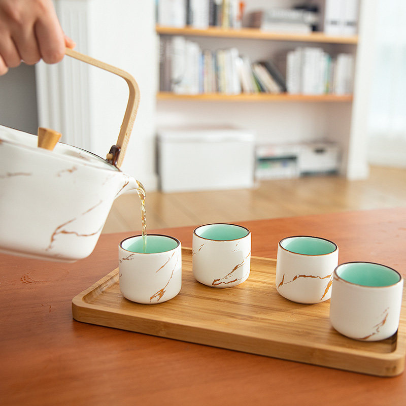 Manrong Haoshi Zen Japanese-style teapot set lifting beam pot water Tea Cup household ceramic bubble teapot 1 pot 4 cups