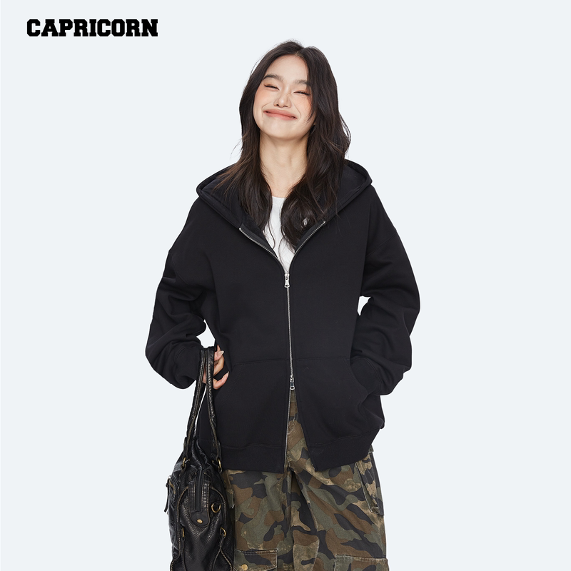 Capricorn American Style Double Zipper Cardigan Black Sweatshirt Heavyweight Thickened Loose Casual Couple Hooded Jacket Capricorn American Style Double Zipper Cardigan Black Sweatshirt Heavyweight Thickened Loose Casual Couple Hooded Jacket