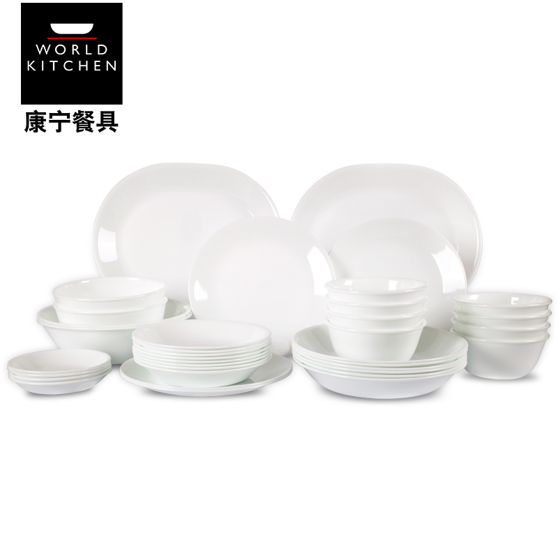 Authentic Corning Tableware Imported from the United States, 32-Piece Set, Household Pure White Heat-Resistant Glass Tableware, Plate and Bowl Combination