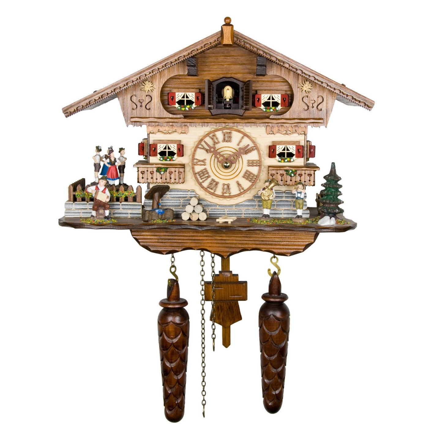 German Trenkle AH 447 QMT Bavarian musician Bugu Bird Black Forest Quarter Clock Wall Clock