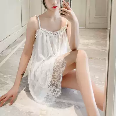 Sexy lace sling nightgown women transparent thin summer passion hot temptation teasing teasing fun ice silk pajamas