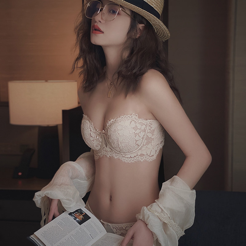 Sexy Lace Beauty Back Without Shoulder Strap Underwear Woman Thin soft steel ring large chest showing small anti-sagging text bra suit Summer