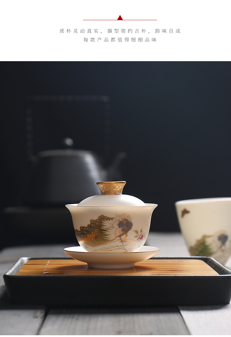 Suet jade only three gold - plated tureen ceramic tea set dehua white porcelain cups manual single kung fu tea bowl
