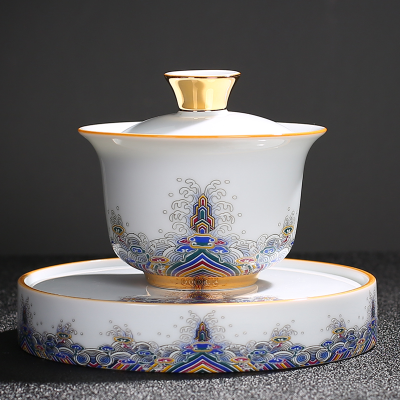 White Porcelain Handmade Ceramic Cover Bowl Tea Cup Big Number Tea Tea Three Bowl Kung Fu Tea Bowl Suit Home Single Tea Set