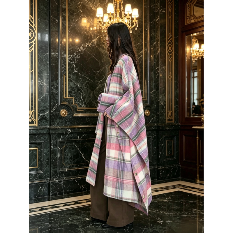 Long Cape Shawl with Scarf Plaid