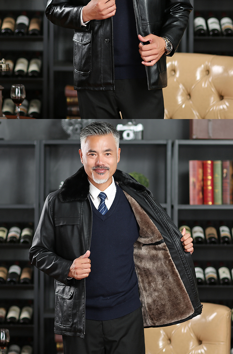 Da trung niên và dài hạn da nam cổ áo lông cộng với nhung dày cha mặc áo khoác nam mùa đông trench coat quần áo thời trang nam cá tính