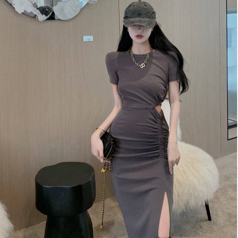 Small summer suit xs design sense of short-sleeved dress women's long version of the waist temperament tight split bag hip