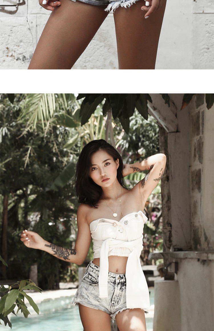 Kỳ nghỉ gió biển denim quần nóng lỗ cao eo thon eo thon làm già tự canh quần short nữ 	quần đi biển vàng	