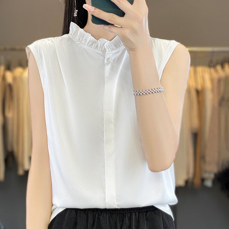 2026 Lace Collar Autumn and Winter Base Vest for Women with Ruffled Stand-Up Collar, Layered Satin Sleeveless Shirt, Floral Summer Top