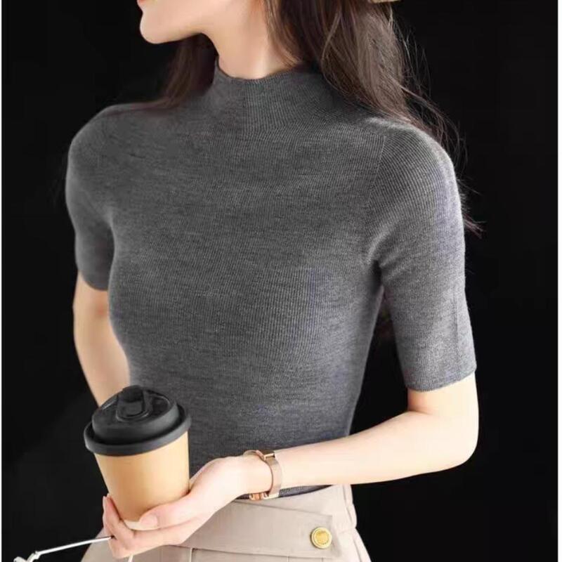 Machine Washable Thin Wool Sweater with a Half-High Collar, Slimming, Versatile, Mid-Sleeve, High-Elasticity Knit Base Shirt for Women