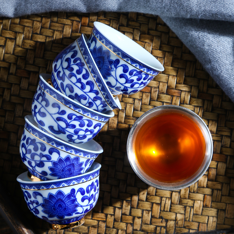 Single cup silver cup 999 sterling silver master kung fu tea cups coppering. As silver sample tea cup individual cup of blue and white porcelain enamel