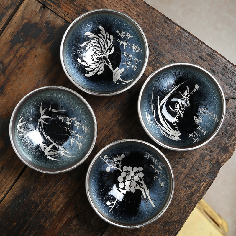 Sterling silver checking painting lamp cup to build kilns jianyang built one master cup oil droplets TuHao baihua ceramic kung fu tea cups