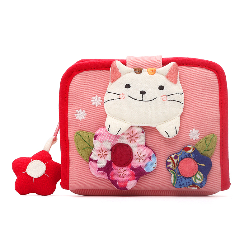 Japanese Illustration Kine Cat Cute Flower Cat Cotton Canvas Art Women's Coin Purse Japanese Wallet Short Wallet