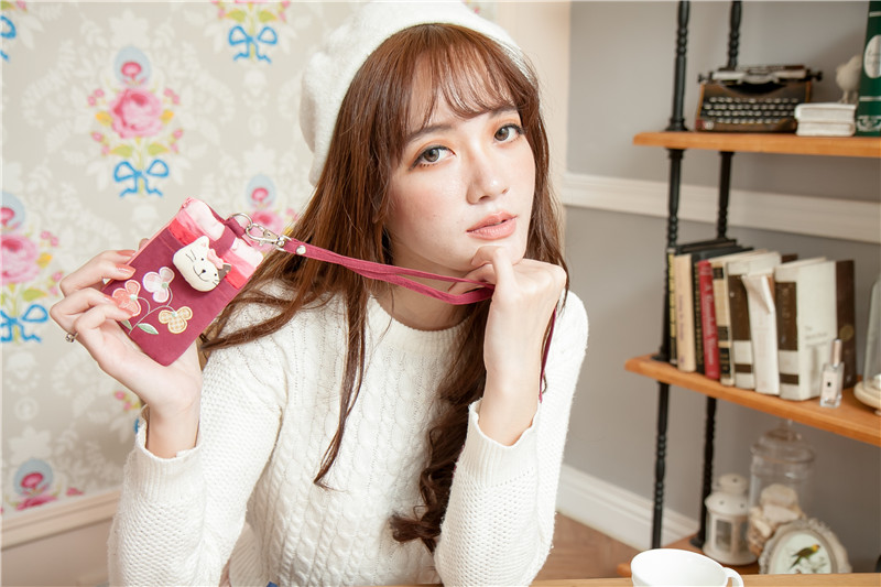 Thiết kế Nhật Bản KINECAT dễ thương hoa mèo phim hoạt hình lady túi xách ví treo cổ thẻ túi vải túi ví đựng thẻ nhiều ngăn