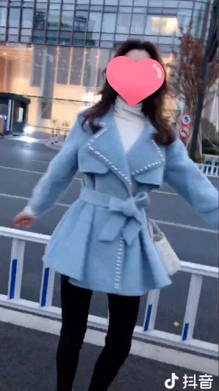 Mùa thu và mùa đông quý cô ngọt ngào Quạt xanh ngọc trai áo len ve áo ngọt ngào thắt lưng eo chic chic phần ngắn áo phao nữ hàn quốc