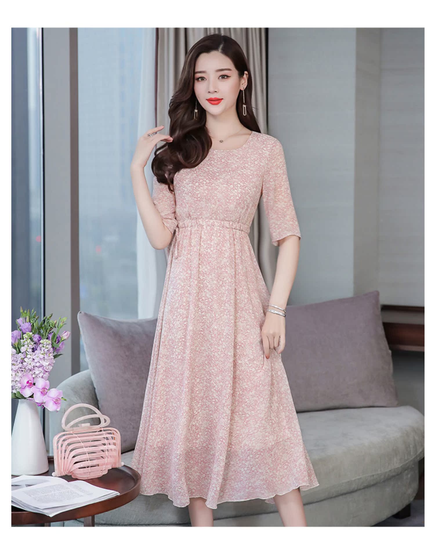 2019 phụ nữ mới mùa xuân đầm voan hoa phổ biến mùa xuân và mùa thu Pháp nhỏ váy dài mùa xuân và mùa hè - Váy eo cao 	váy liền nhún eo	