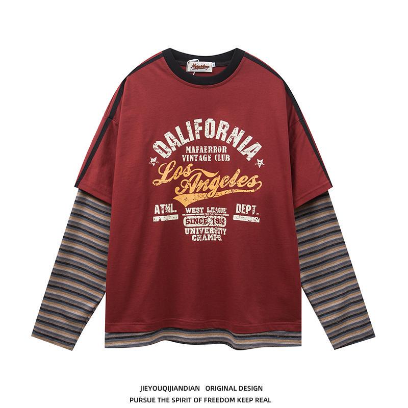 American Retro Patchwork Color-Block Letter Print Casual Fake Two-Piece Sweatshirt Unisex Loose Couple Long-Sleeve T-Shirt Trendy